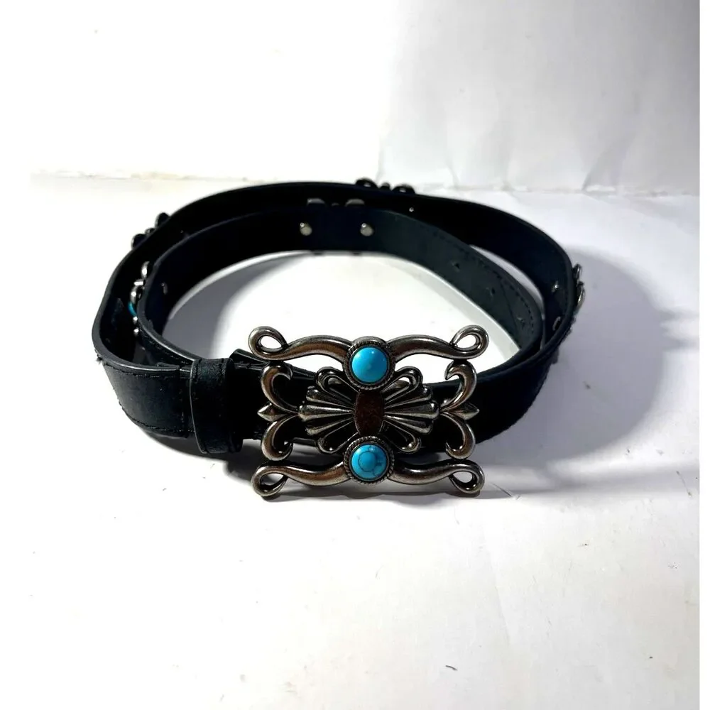 Genuine leather belt braided brown turquoise metal buckle country women M
